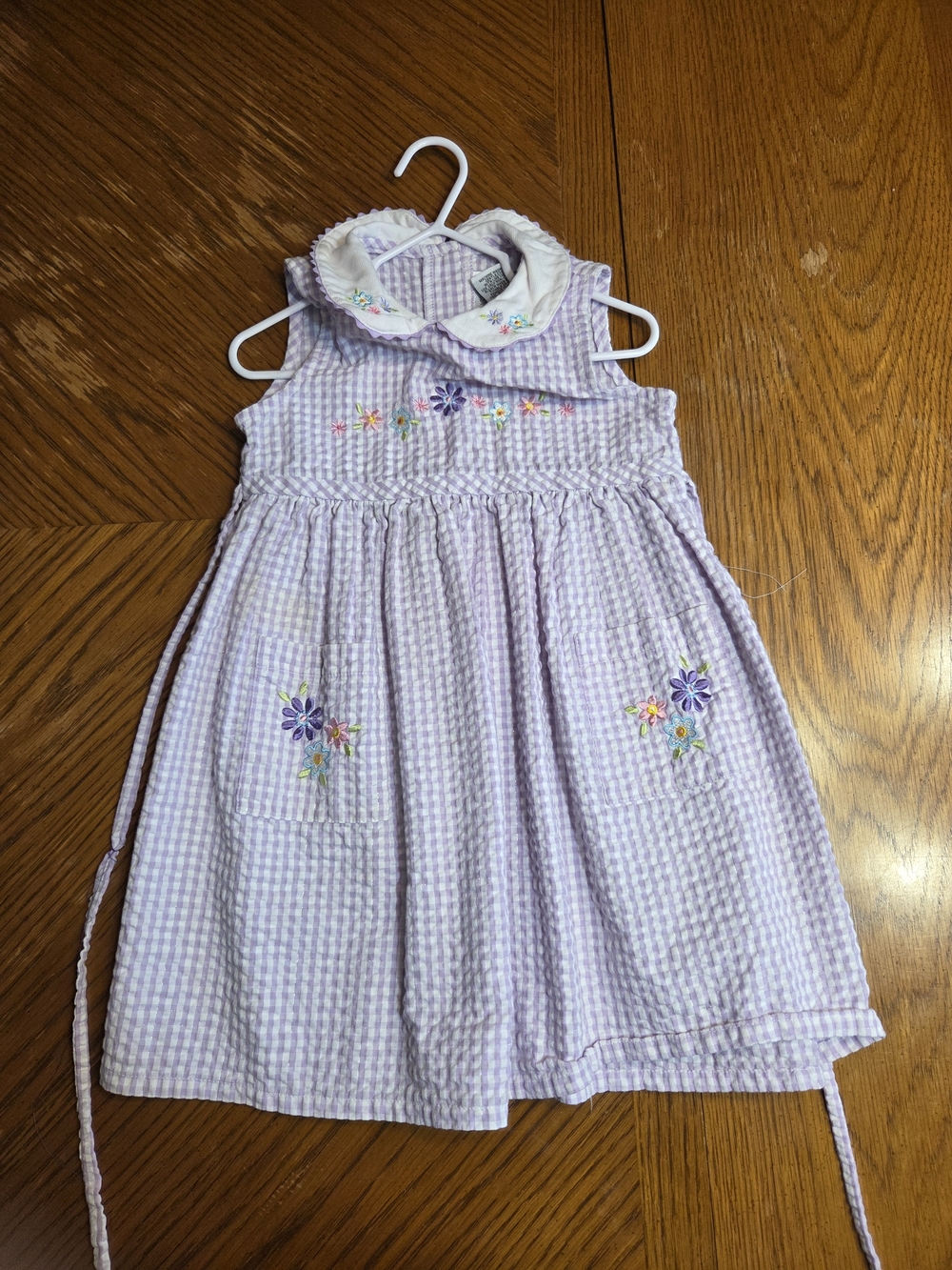 Lavender Check Embroidered Peter Pan Collar Dress for Kids
